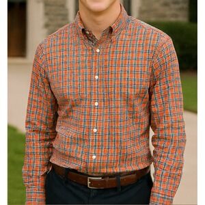 Mens XXL Polo Ralph Lauren Estate Sport Orange Plaid Shirt 2-ply Cotton Preppy